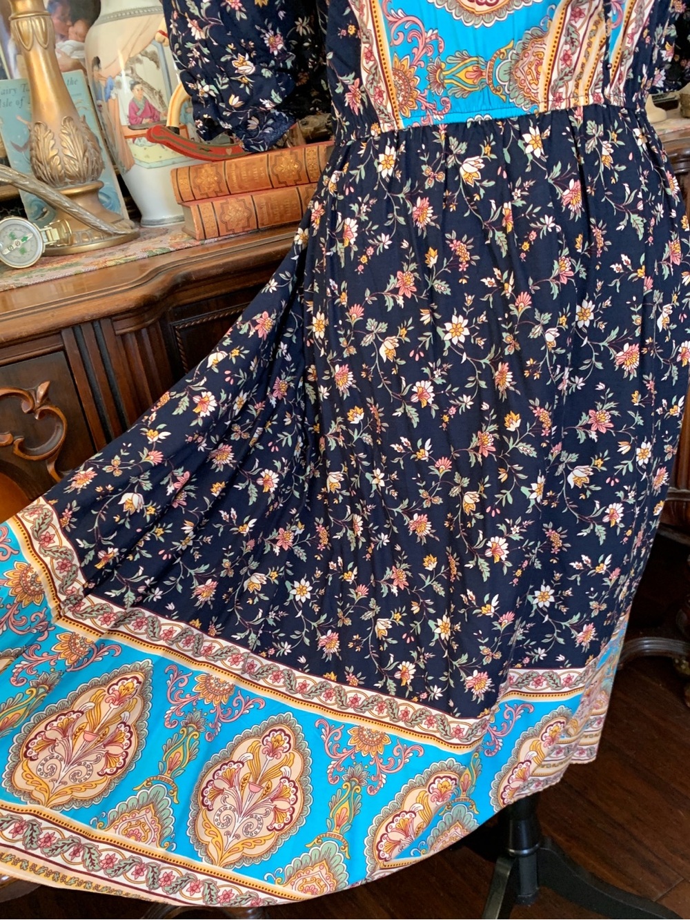 Vintage Boho Hippie Peasant Spring Summer Floral Print Dress - Picture 4 of 12